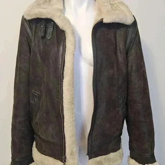 Vintage St. John's Bay Brown Leather Aviator Pilot Jacket with Sherpa Trim - Picture 15 of 16